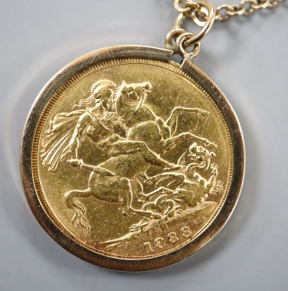 An 1888 gold full sovereign pendant in 9ct gold mount, with 9ct chain, gross 12.9 grams.